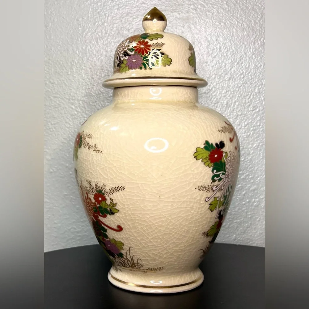 Vintage Otagiri Kutani Ware Ceramic Japanese Floral Vases & Ginger Jar 3 Pc Set